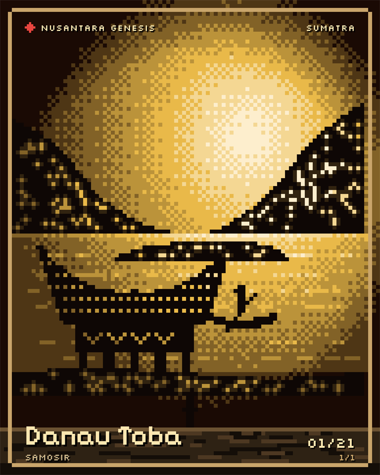 Danau Toba, pixel art: The caldera lake from the shore: Samosir low in the middle, a solu on the water, a Batak rumah bolon in front.
