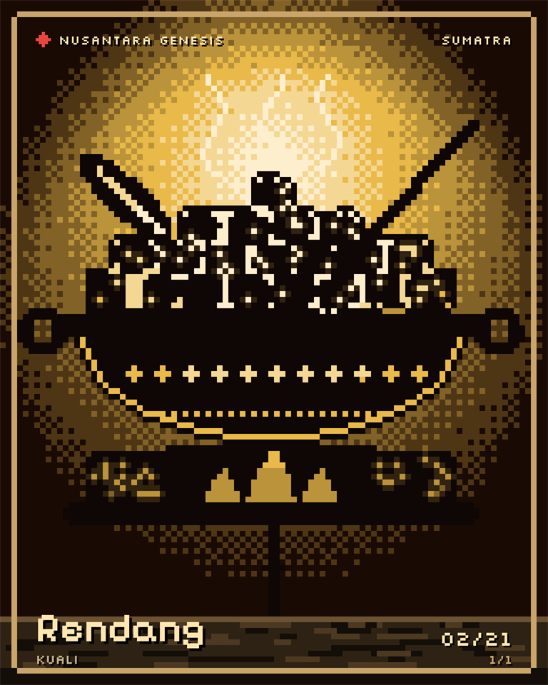 Rendang, pixel art: Pieces of rendang heaped in the kuali, a turmeric leaf and a wooden spatula, slow-cooked over a three-stone hearth.