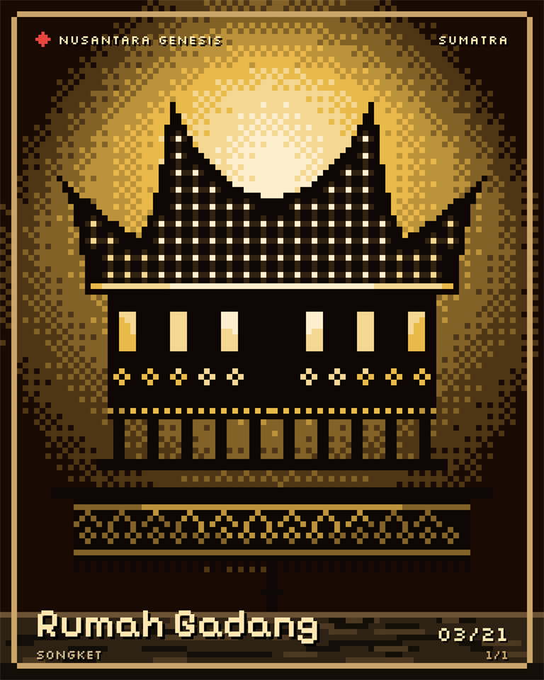 Rumah Gadang, pixel art: A Minangkabau house with four gonjong horns, and a songket cloth in front whose gold thread is the light.