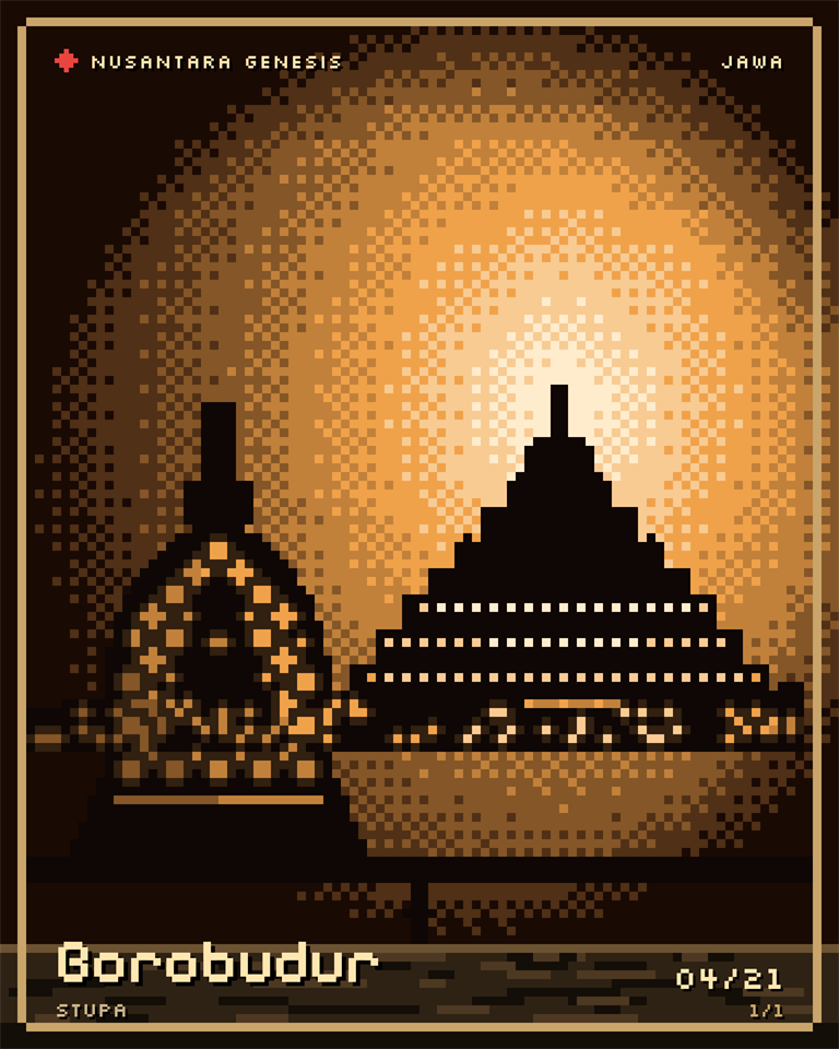 Borobudur, pixel art: A latticed stupa up close with the Buddha inside, and the temple on the horizon at sunrise.
