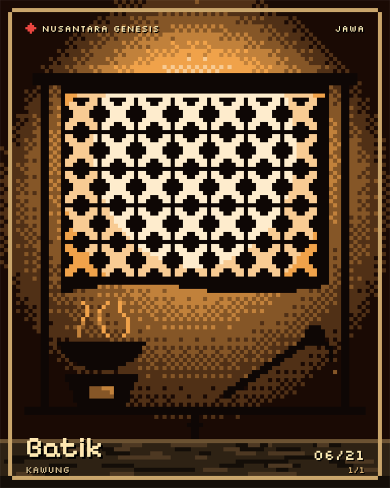 Batik, pixel art: A kawung cloth on its frame, the wax pot over a clay stove, and a canting ready to draw.
