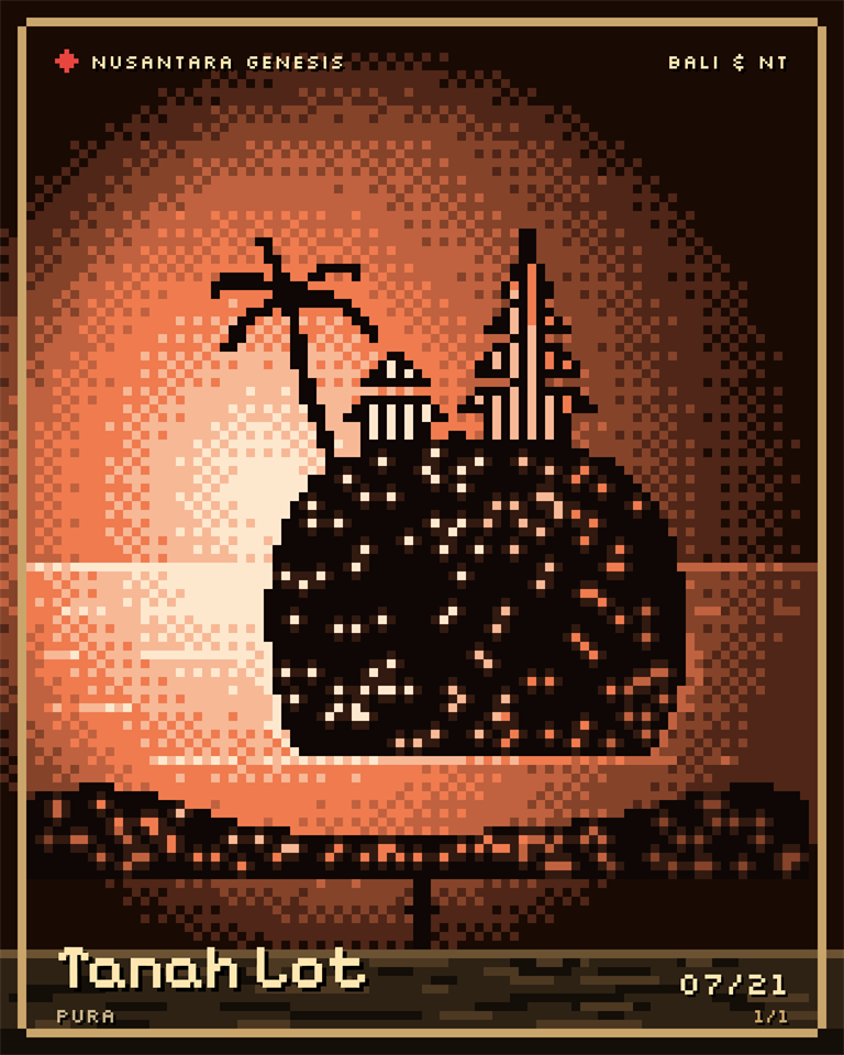 Tanah Lot, pixel art: The temple on its rock at sunset, with surf breaking white at its foot.