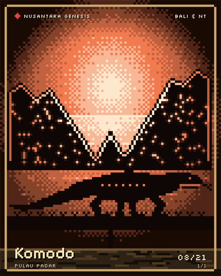 Komodo, pixel art: A komodo walking the beach, tongue out, with the ridges of Padar and its bays behind.