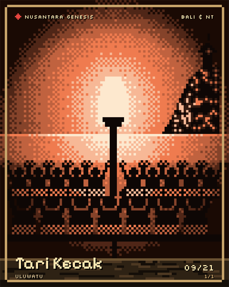 Tari Kecak, pixel art: Dancers seated in rows around the lamp, arms raised and poleng cloth at the waist, the Uluwatu cliff behind.