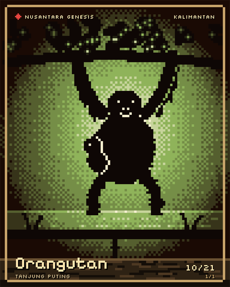 Orangutan, pixel art: A mother hanging from a branch by both long arms, her baby at her side, a forest river below.