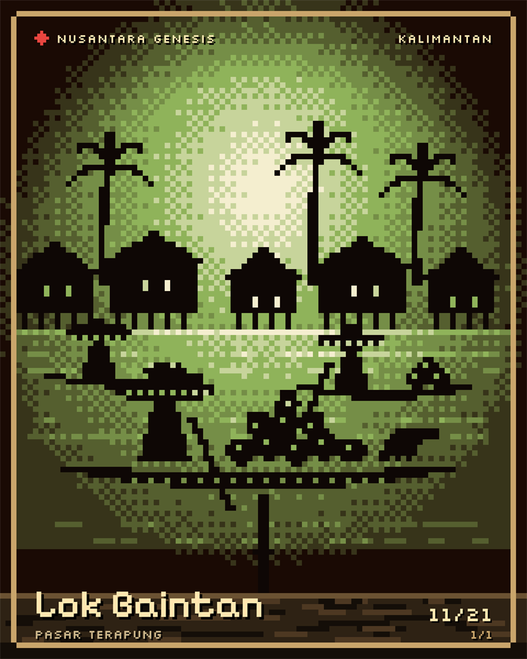 Lok Baintan, pixel art: Jukung heaped with fruit on the morning river, sellers under wide tanggui hats, stilt houses on the bank.