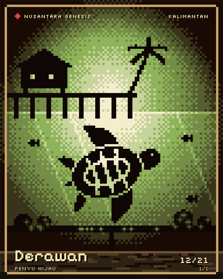 Derawan, pixel art: A green turtle gliding under a wooden jetty and a stilt house, light falling through the water.