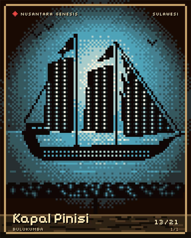 Kapal Pinisi, pixel art: A wooden ship under full sail, built by hand by the shipwrights of Bulukumba.