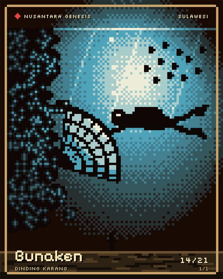 Bunaken, pixel art: A diver drifting past the coral wall, a giant sea fan and a school of fish in the blue.