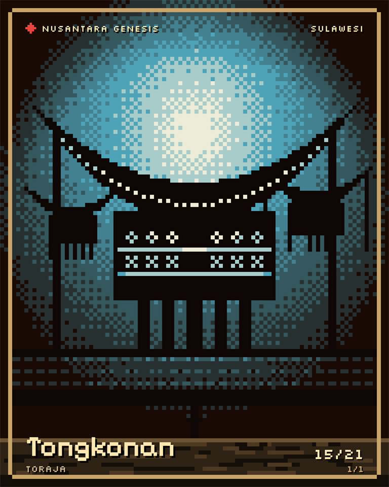 Tongkonan, pixel art: A Toraja house, its boat-shaped roof sweeping up at both ends, its walls carved with pa'ssura'.