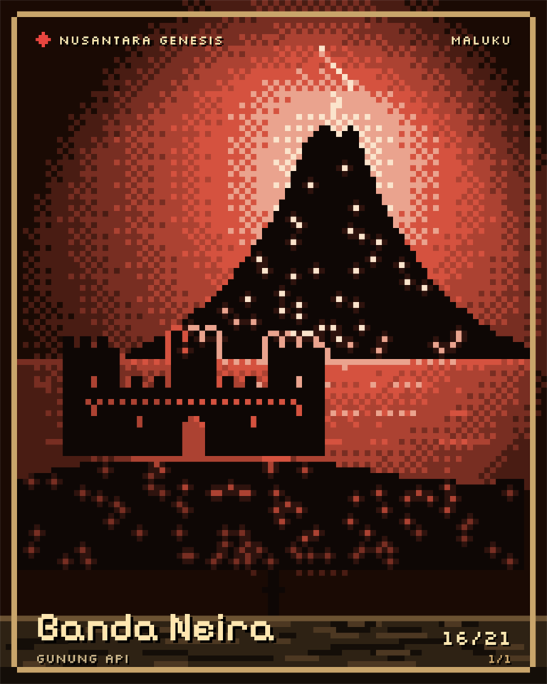 Banda Neira, pixel art: Gunung Api across the bay, with Fort Belgica and its round towers in front.