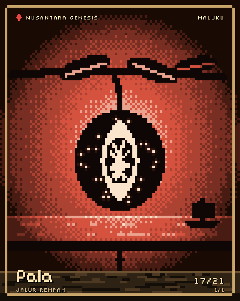 Pala, pixel art: A nutmeg split open on its branch, the seed wrapped in red mace, and a trading ship on the horizon.