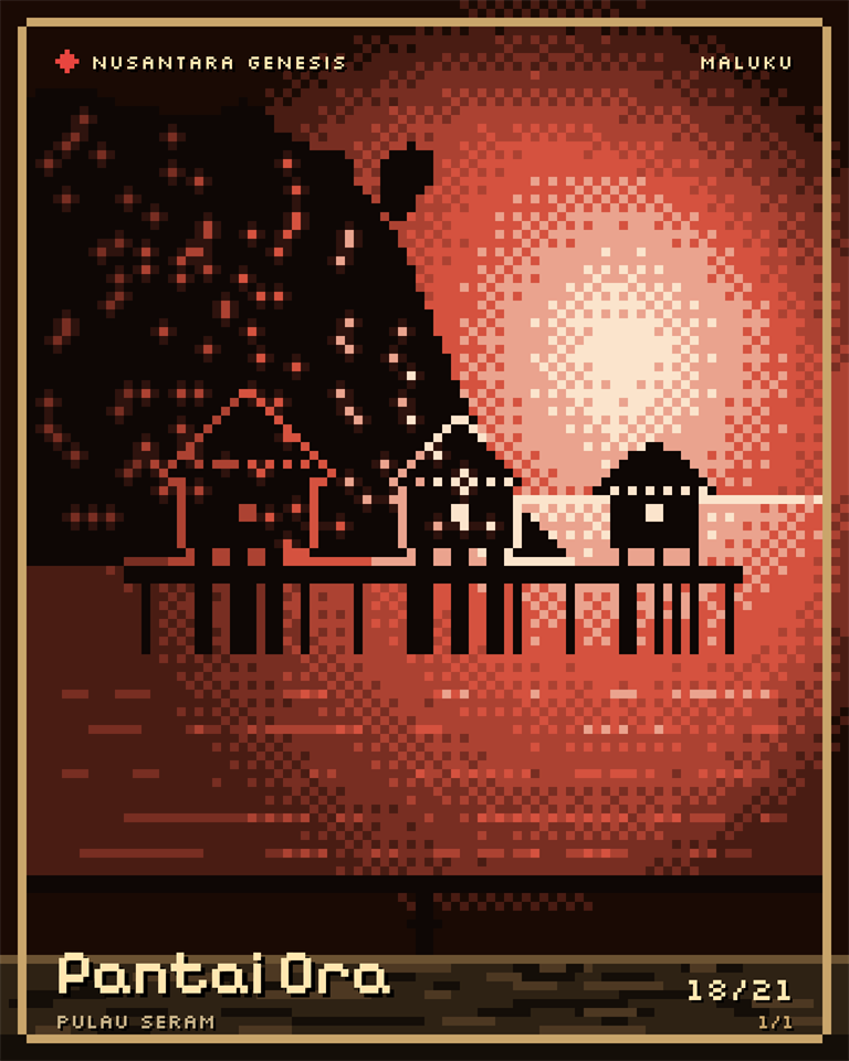 Pantai Ora, pixel art: Cottages on stilts over clear water, under the jungle cliffs of Seram.
