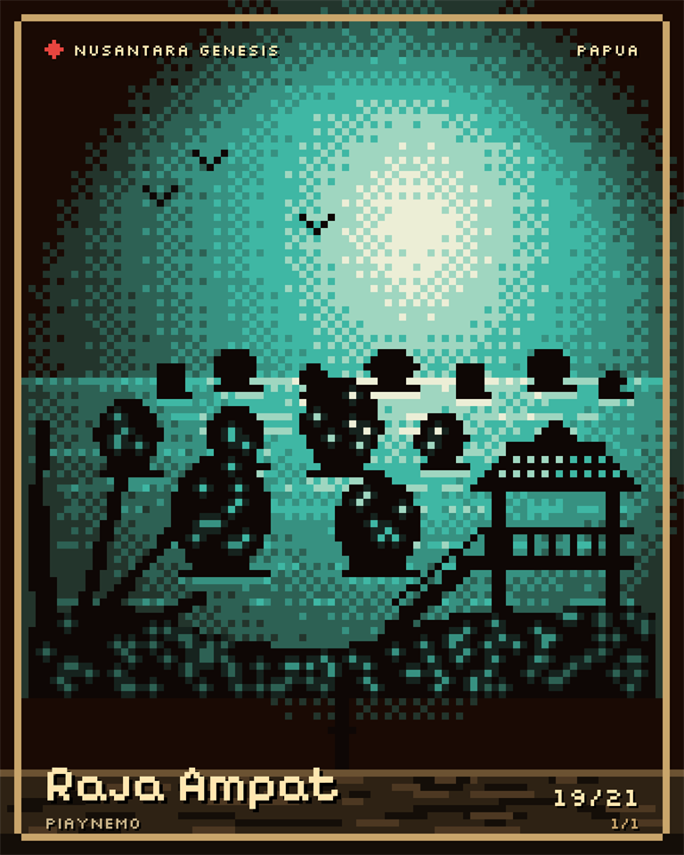 Raja Ampat, pixel art: The view from Piaynemo: karst islets in a lagoon, a gazebo and wooden stairs in front.