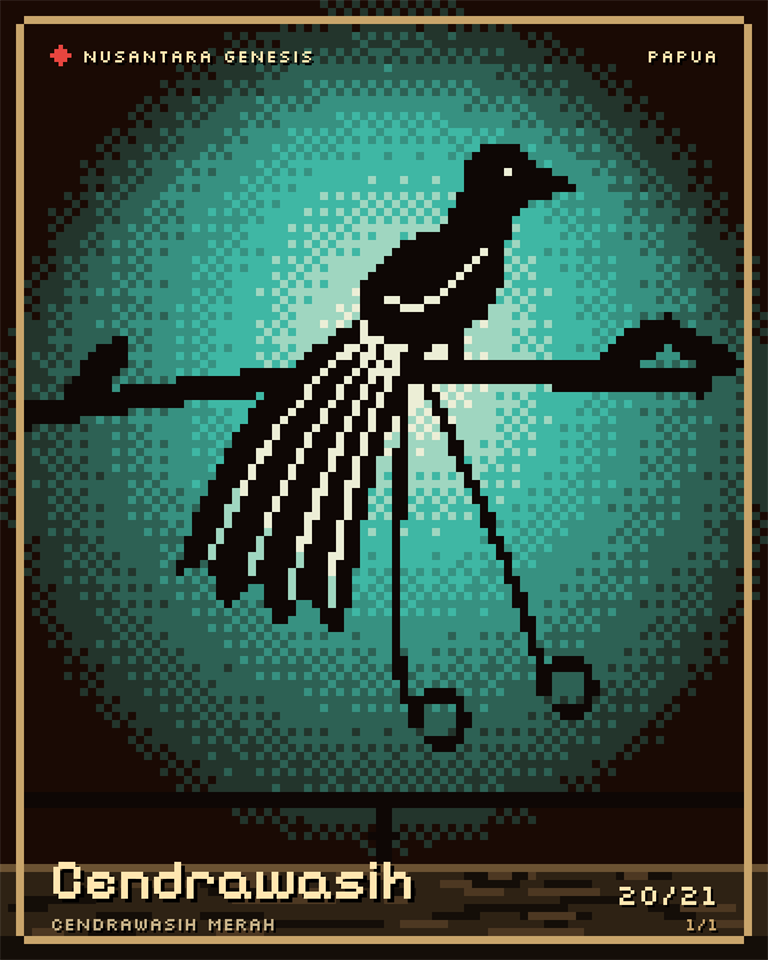 Cendrawasih, pixel art: A red bird-of-paradise on a branch at dawn, its plumes falling like a fountain and two tail wires curling below.