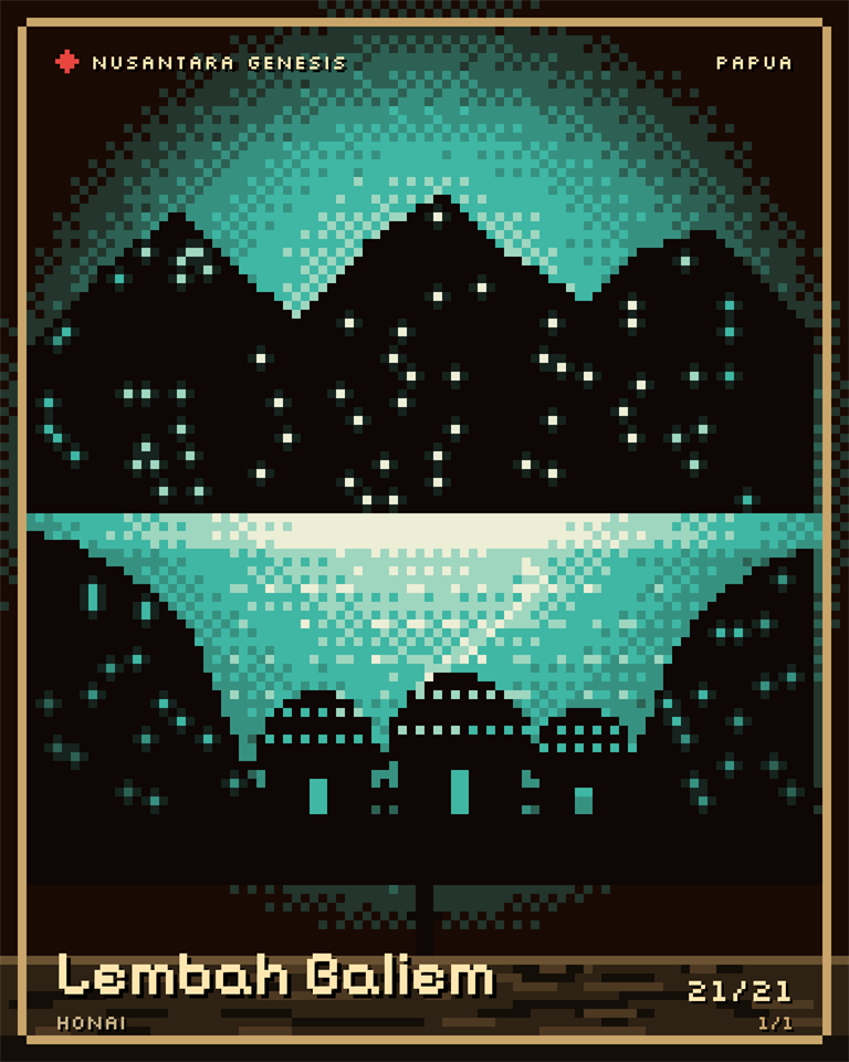 Lembah Baliem, pixel art: Honai huts behind a fence, a misty valley with a winding river, and mountains beyond.